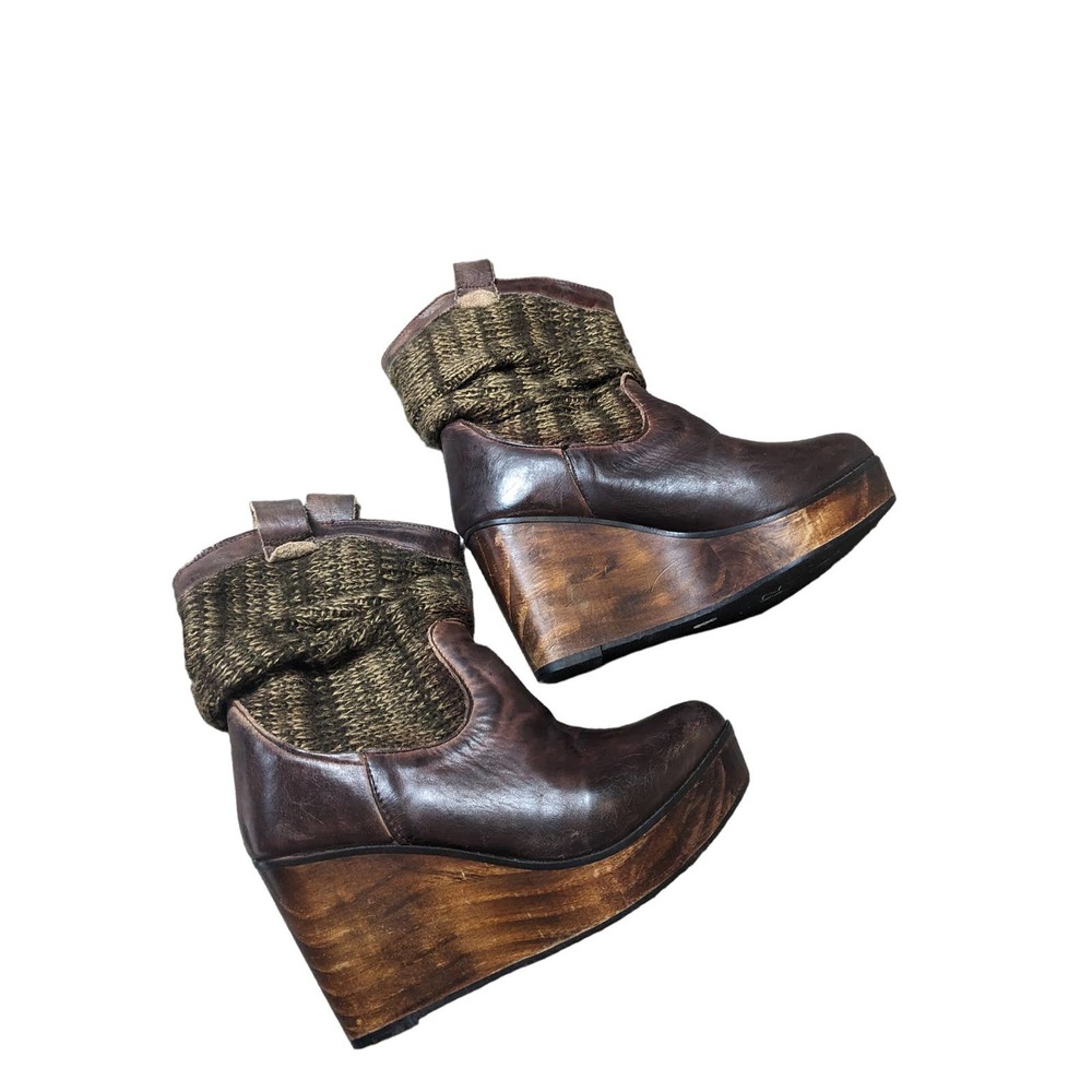 Bed Stu Brown Leather & Olive Knit Wedge Ankle Booties